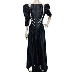 VTG 70s Whimsygoth Goth Princess Black Satin Ruched Puff Sleeve Party Dress NEW